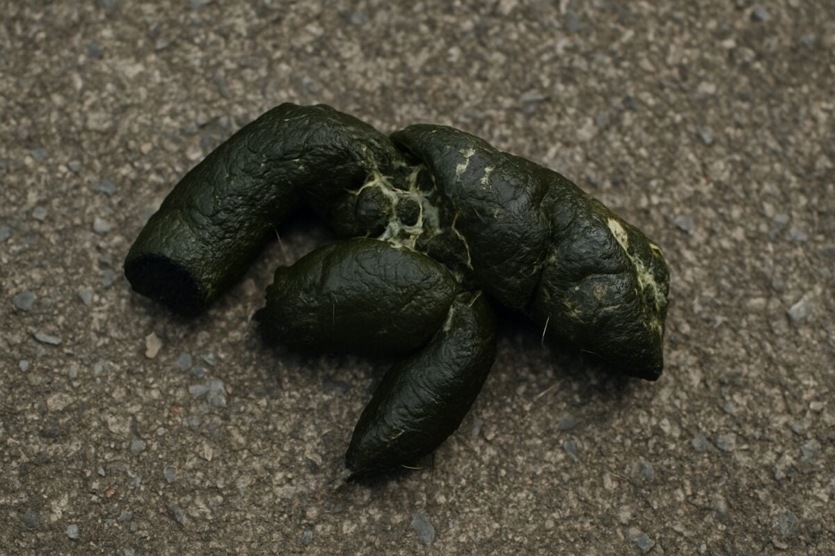 Dark green dog poop pile on pavement.