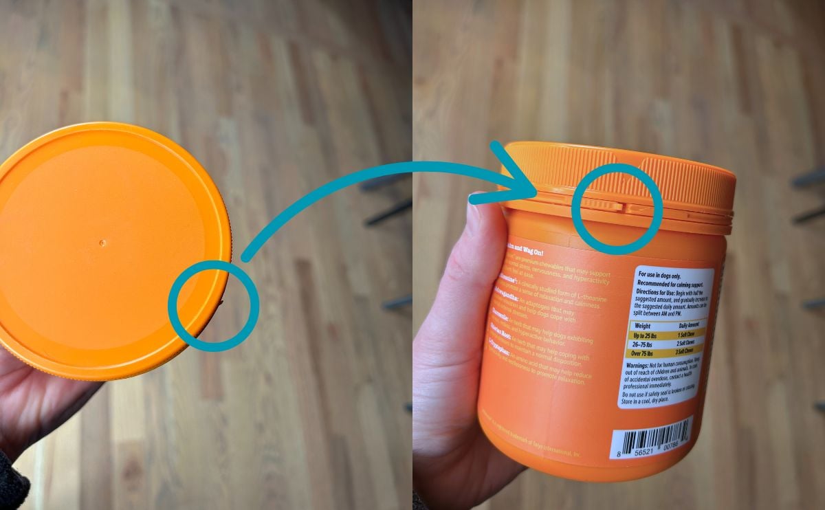 zesty paws calming bites packaging showing the tab that needs pulled
