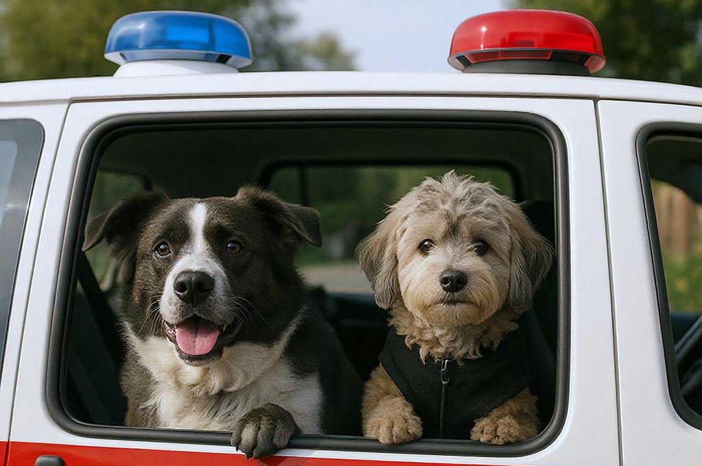 Dogs riding in a pet ambulance sirens.