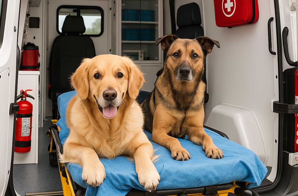 Dogs riding in a pet ambulance.