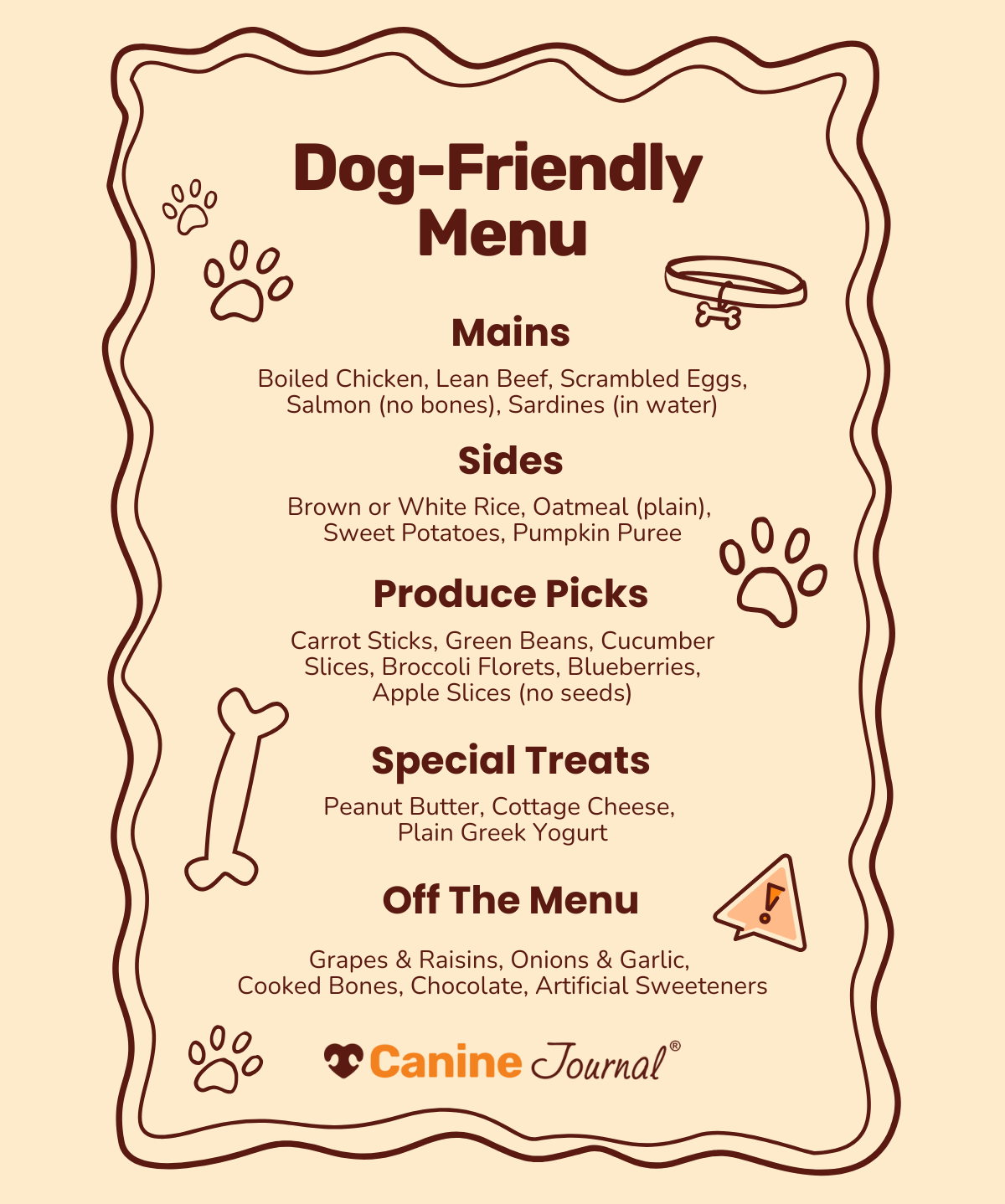 Dog-friendly human food menu.