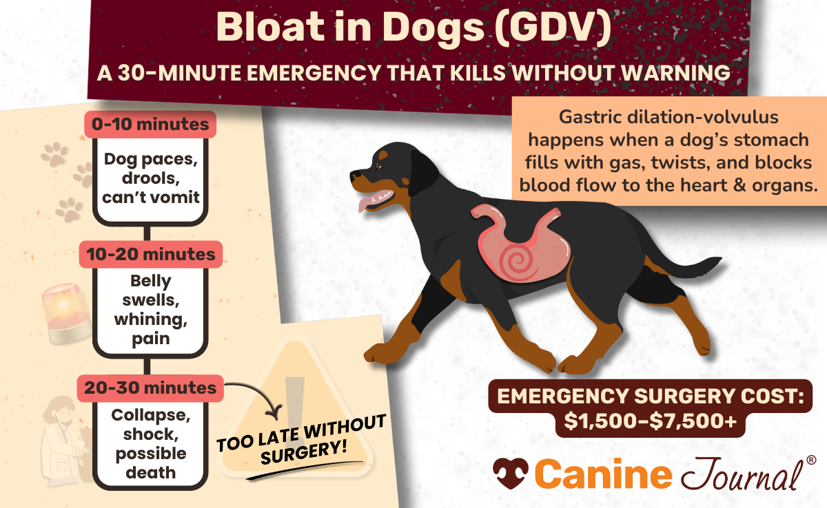 Infographic titled ‘Bloat in Dogs (GDV): A 30-Minute Emergency That Kills Without Warning.’ Illustration of a Rottweiler with a highlighted twisted stomach. Text explains that gastric dilation-volvulus occurs when a dog’s stomach fills with gas, twists, and blocks blood flow to the heart and organs. Timeline shows symptoms: 0–10 minutes – dog paces, drools, can’t vomit; 10–20 minutes – belly swells, whining, pain; 20–30 minutes – collapse, shock, possible death, labeled ‘too late without surgery.’ Emergency surgery cost: $1,500–$7,500+. Canine Journal logo at bottom.