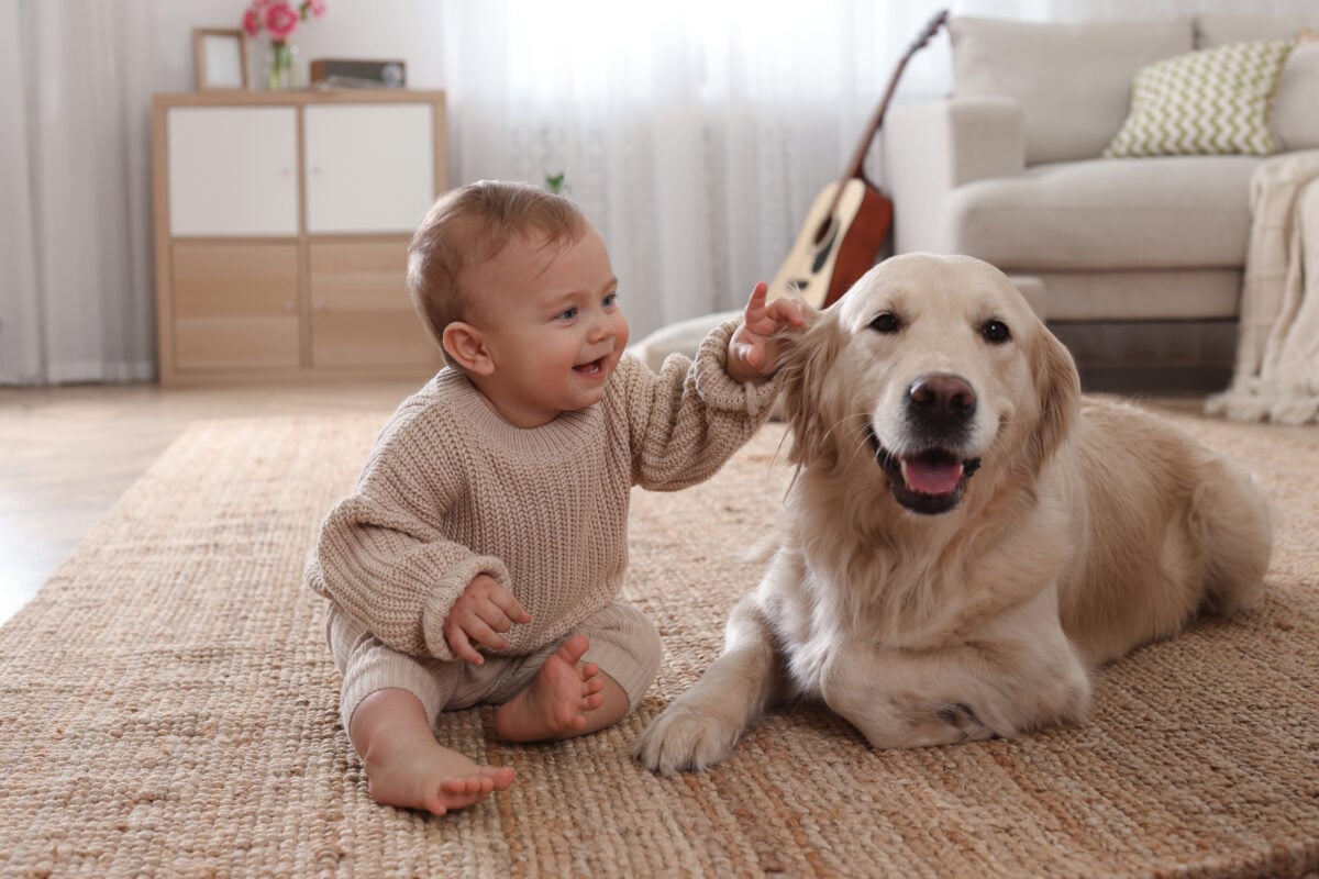 Cute little baby with adorable dog on floor at home.