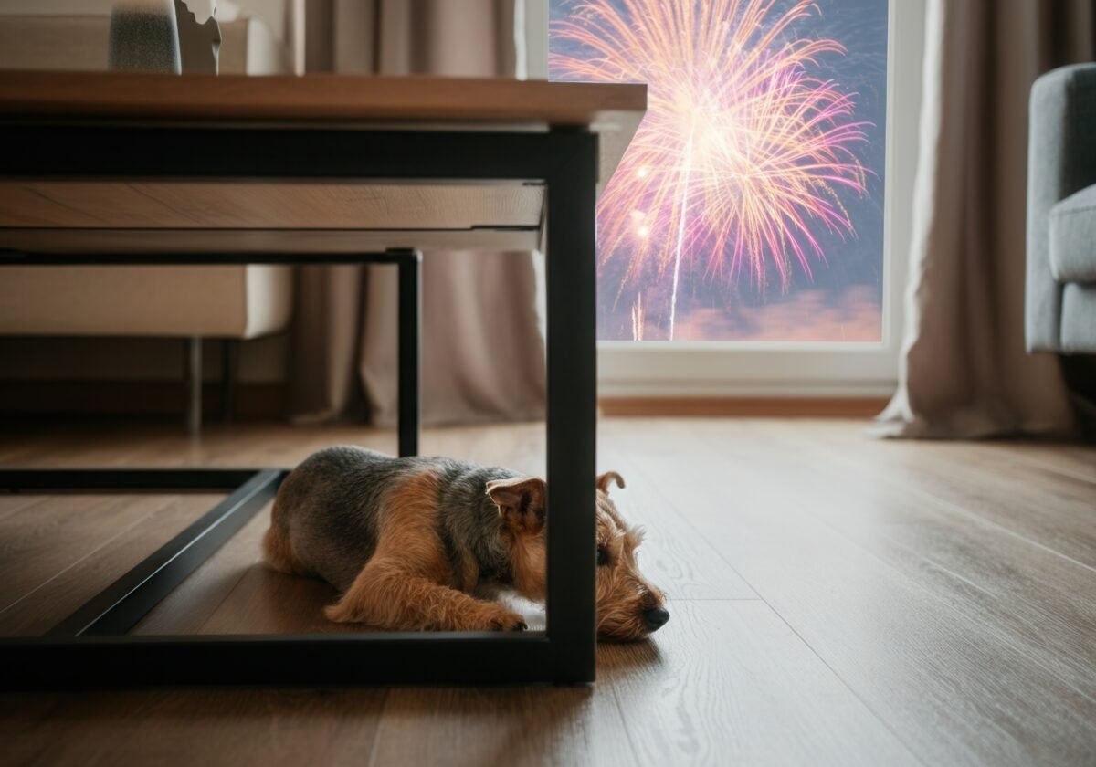 Small dog hiding under a table, scared by fireworks exploding outside the window.