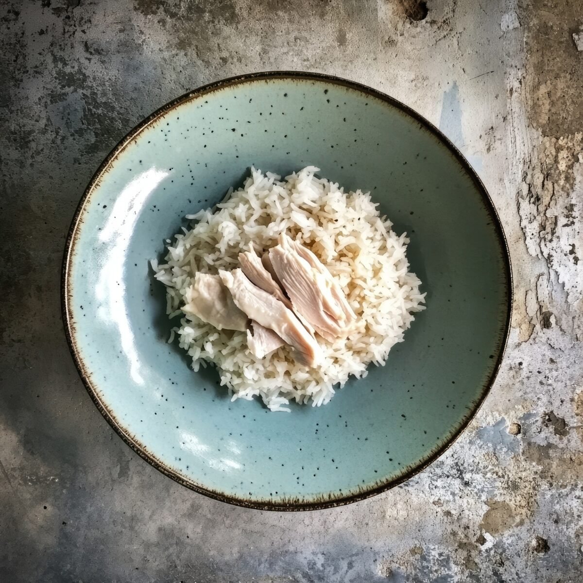 Simple meal of white rice and shredded chicken on rustic plate.