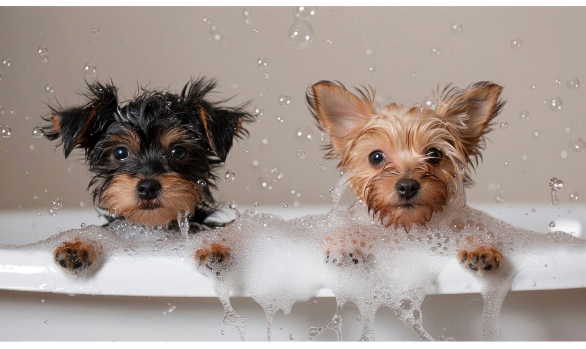 Black Yorkshire Terrier puppy and red one play in a white cast iron bathtub.