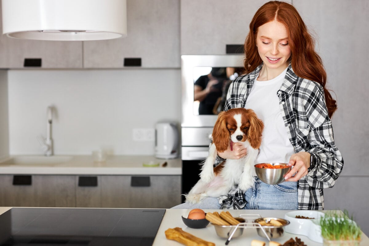 Woman preparing homemade meal in kitchen while holding a King Charles Spaniel.