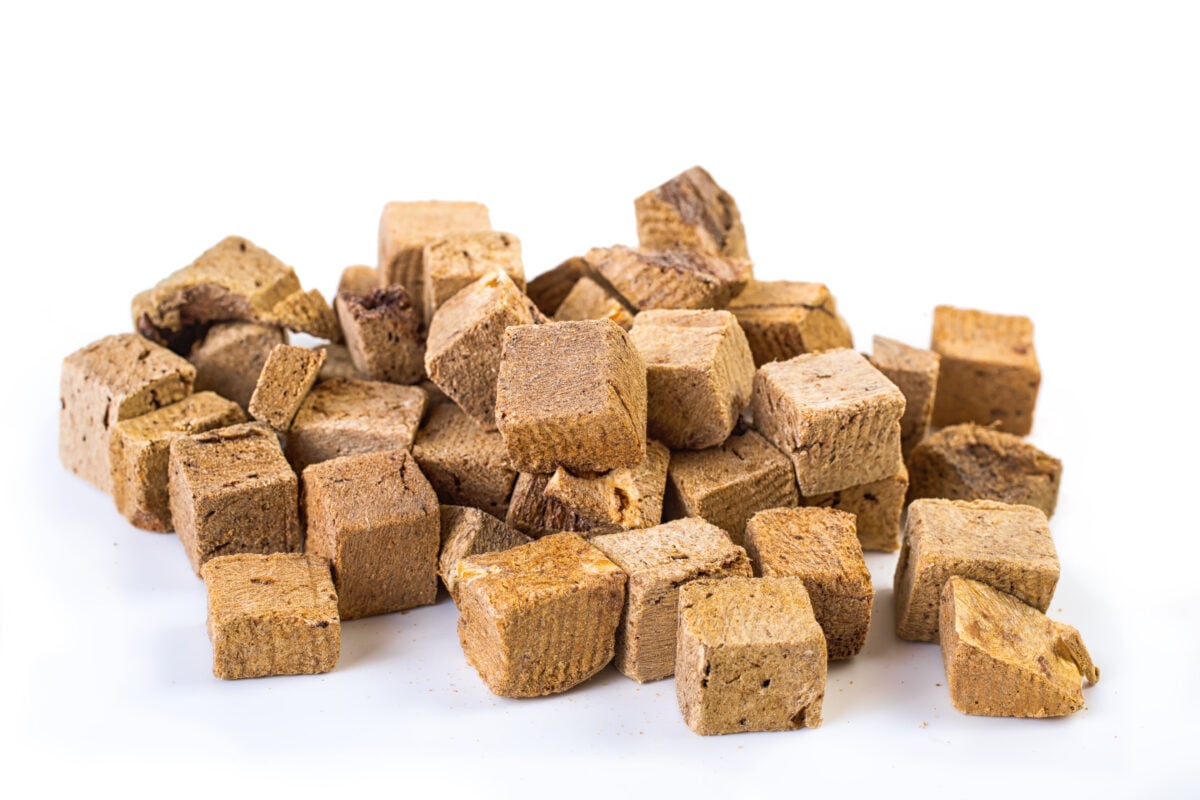 Cubes of freeze dried beef liver treats for dogs.