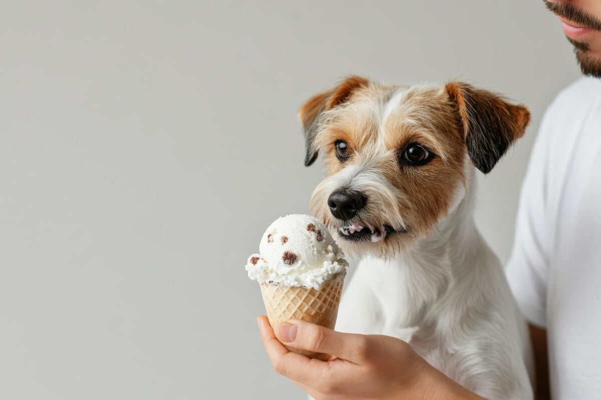 Lively small dog enjoys eating carob chip ice cream from a cone held by a human.