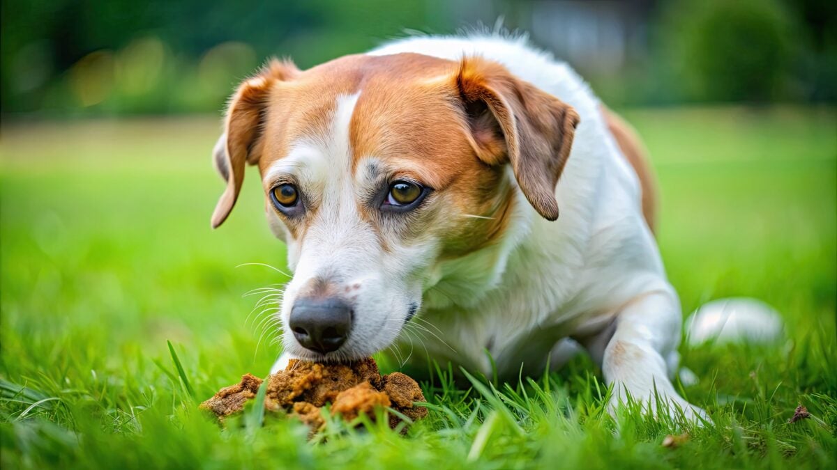 A dog snacking on a pile of fresh feces on green grass.