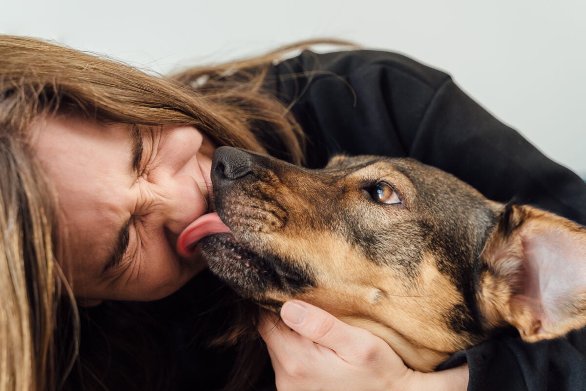 Young woman laughing with her dog licking her face.