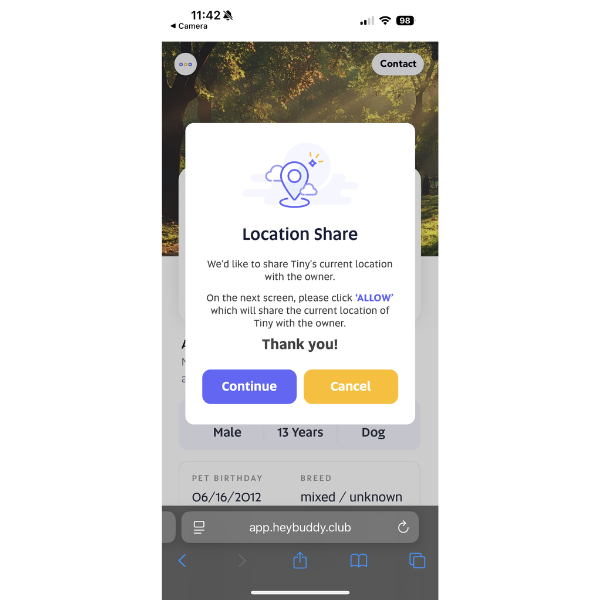 HeyBuddy location share screenshot.