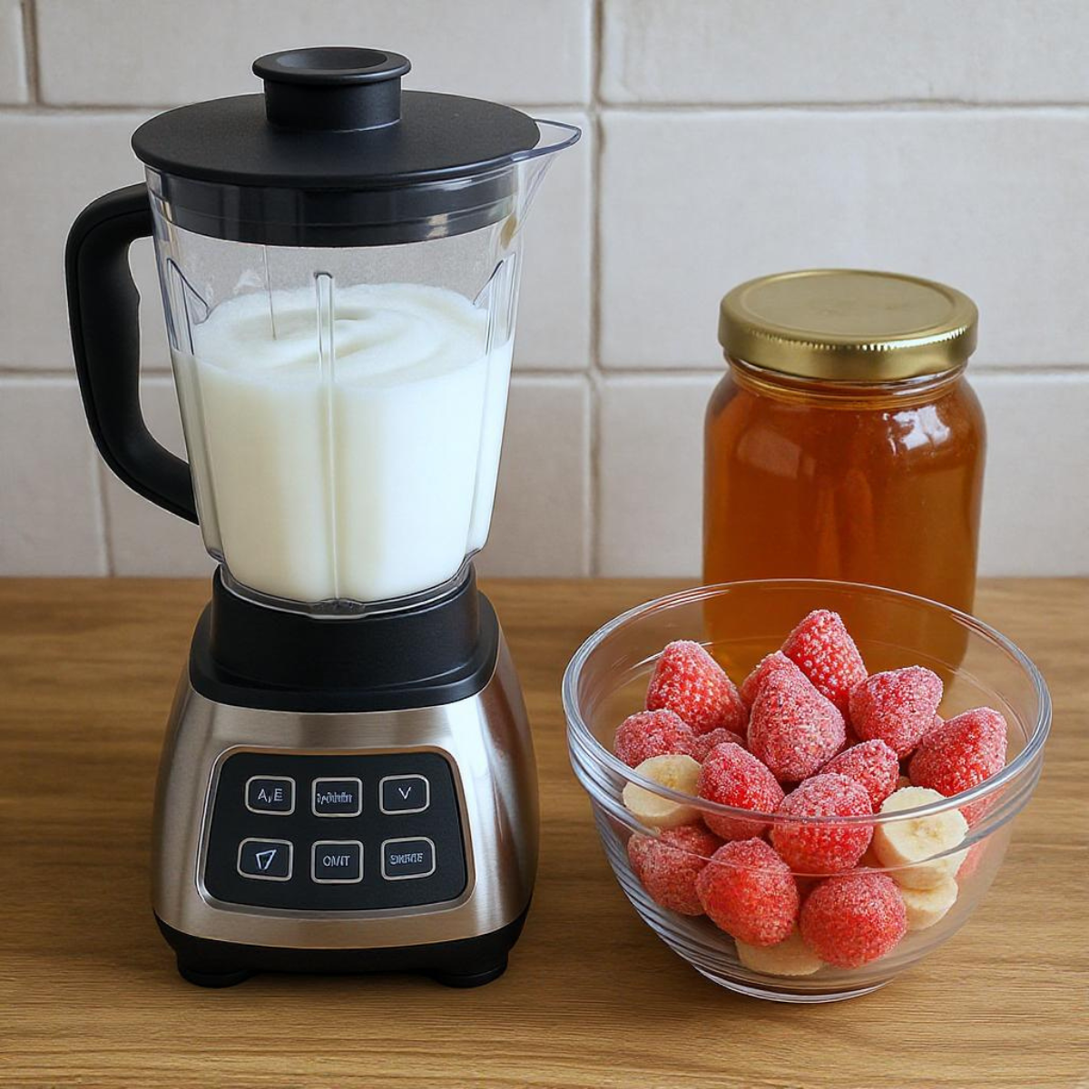 Ingredients of yogurt, fruit, and honey next to a blender.