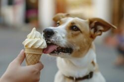 Small dog being fed ice cream in cone.