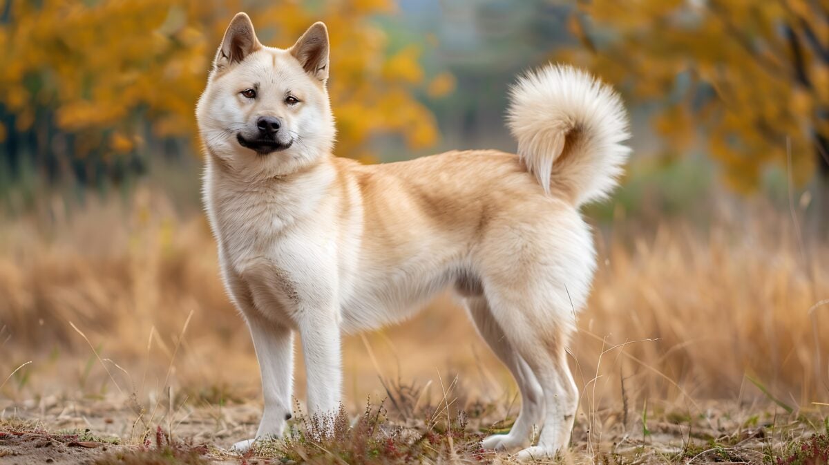 Norwegian Buhund standing outside on autumn day.