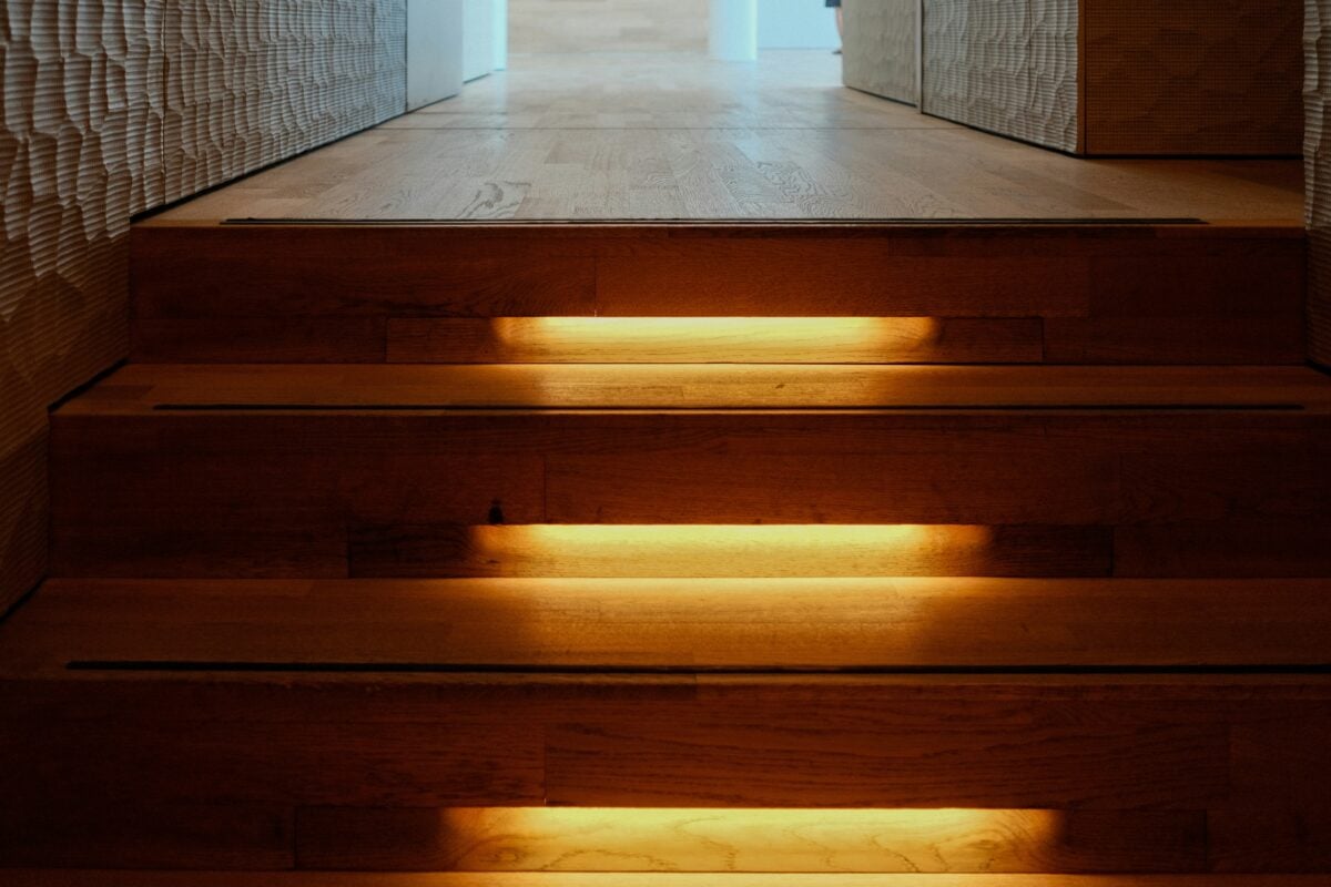 Hardwood stairs with led lights. 