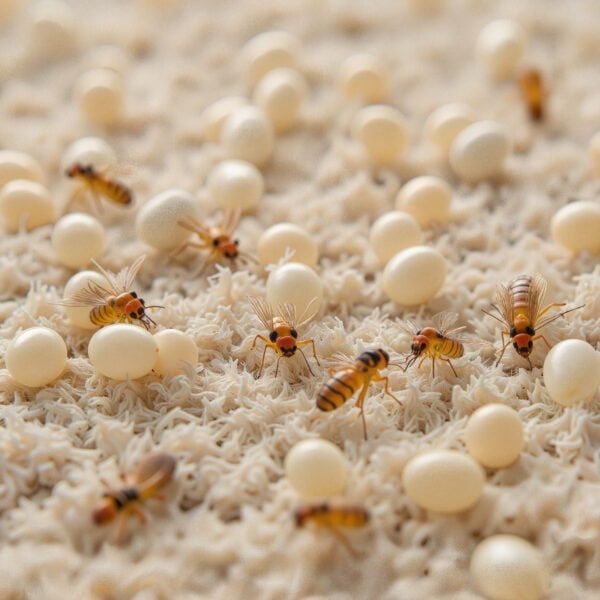 Close-up of flea eggs on carpeted floor.