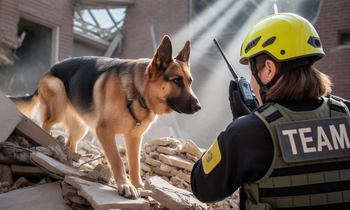 German Shepherd rescue dog and handler searching debris field.