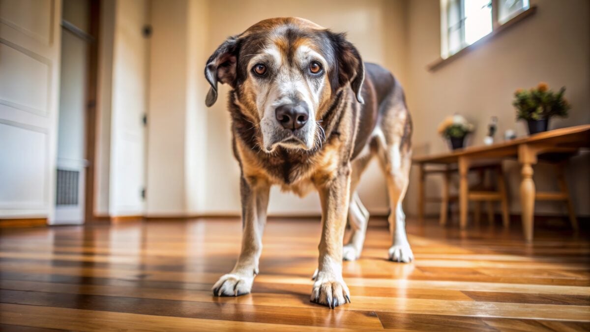 Senior dog on a wooden floor with visible stiffness and mobility issues.