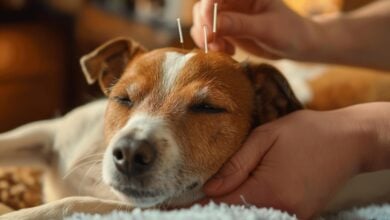 Dog enjoying acupuncture therapy with calm expression.