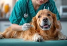 Golden Retriever dog receiving vaccination injection from veterinarian in clinic showing care and calmness.