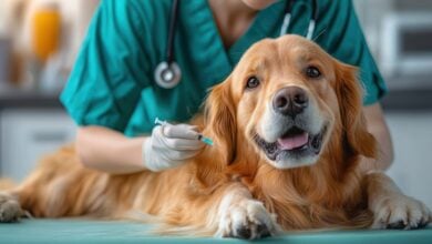 Golden Retriever dog receiving vaccination injection from veterinarian in clinic showing care and calmness.