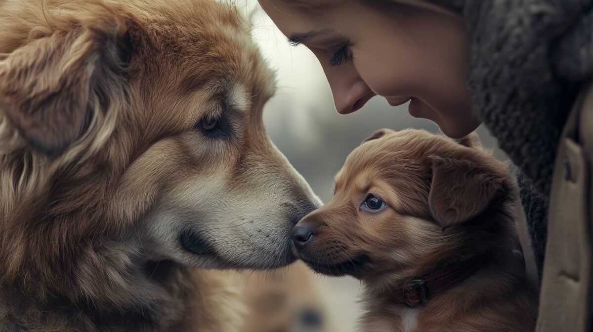 A heartwarming scene of a dog greeting a new puppy. The older dog is gently sniffing and nuzzling the curious puppy, while both dogs are surrounded by a loving family.