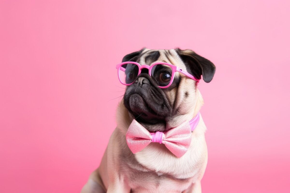 A pug with a pink bowtie and sunglasses.