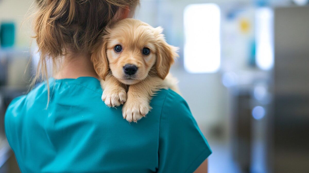 A Golden Retriever puppy on a vet's shoulder looking at camera.