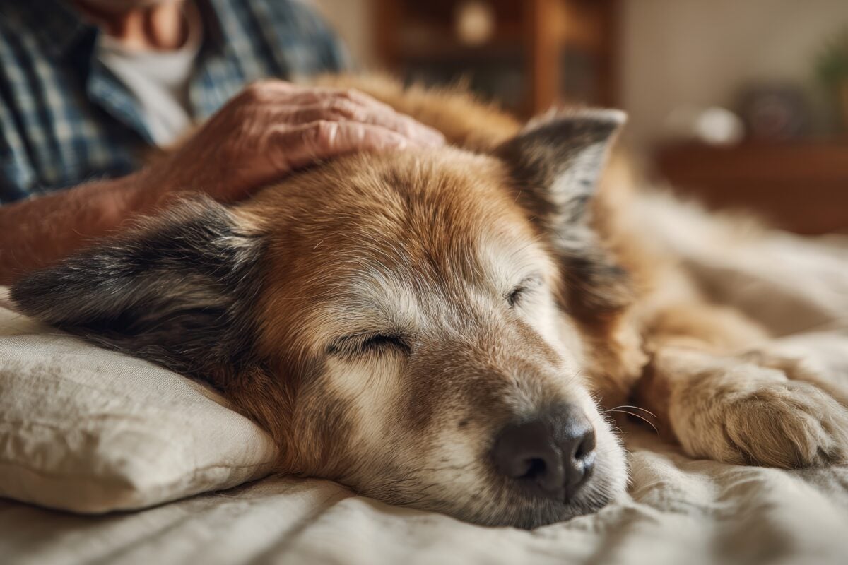 A loving senior man gently pets his old dog, who is sleeping peacefully on a bed, creating a heartwarming scene of companionship and love, with care and comfort.