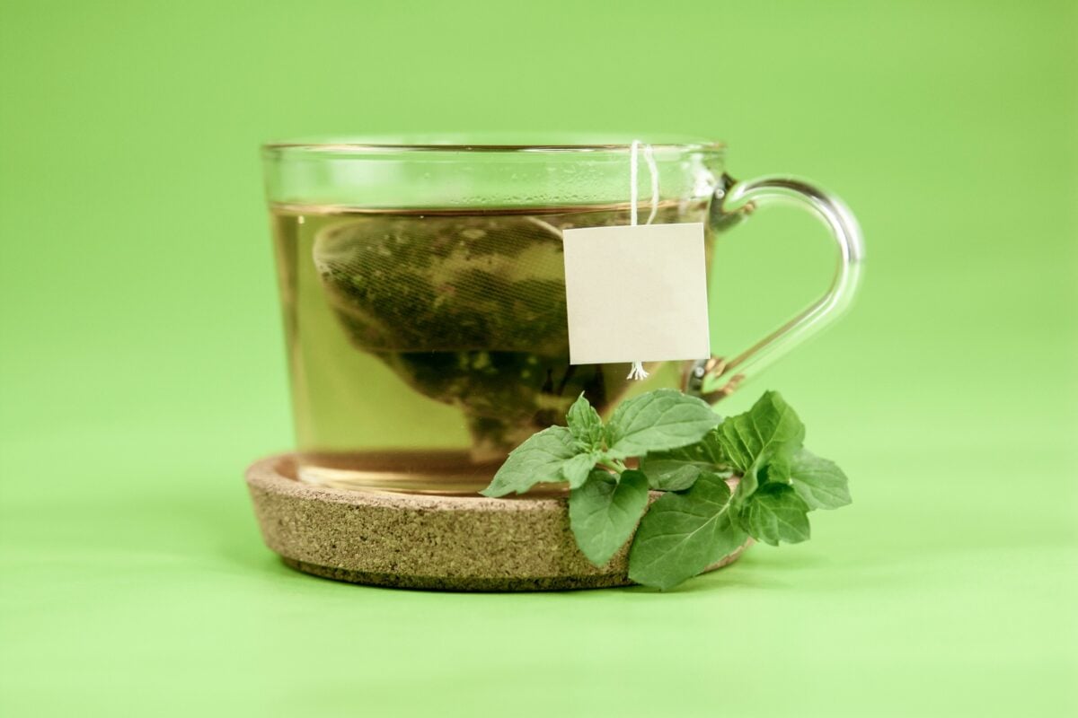 Cup with green tea and green tea bags in it. 