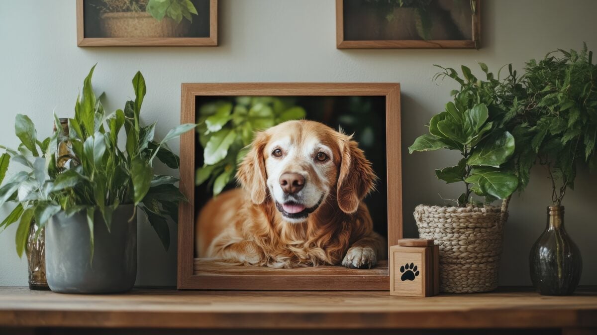 Framed photo of deceased dog with wooden memorial box urn featuring paw print, surrounded by plant vase, love, loss, and pet remembrance.