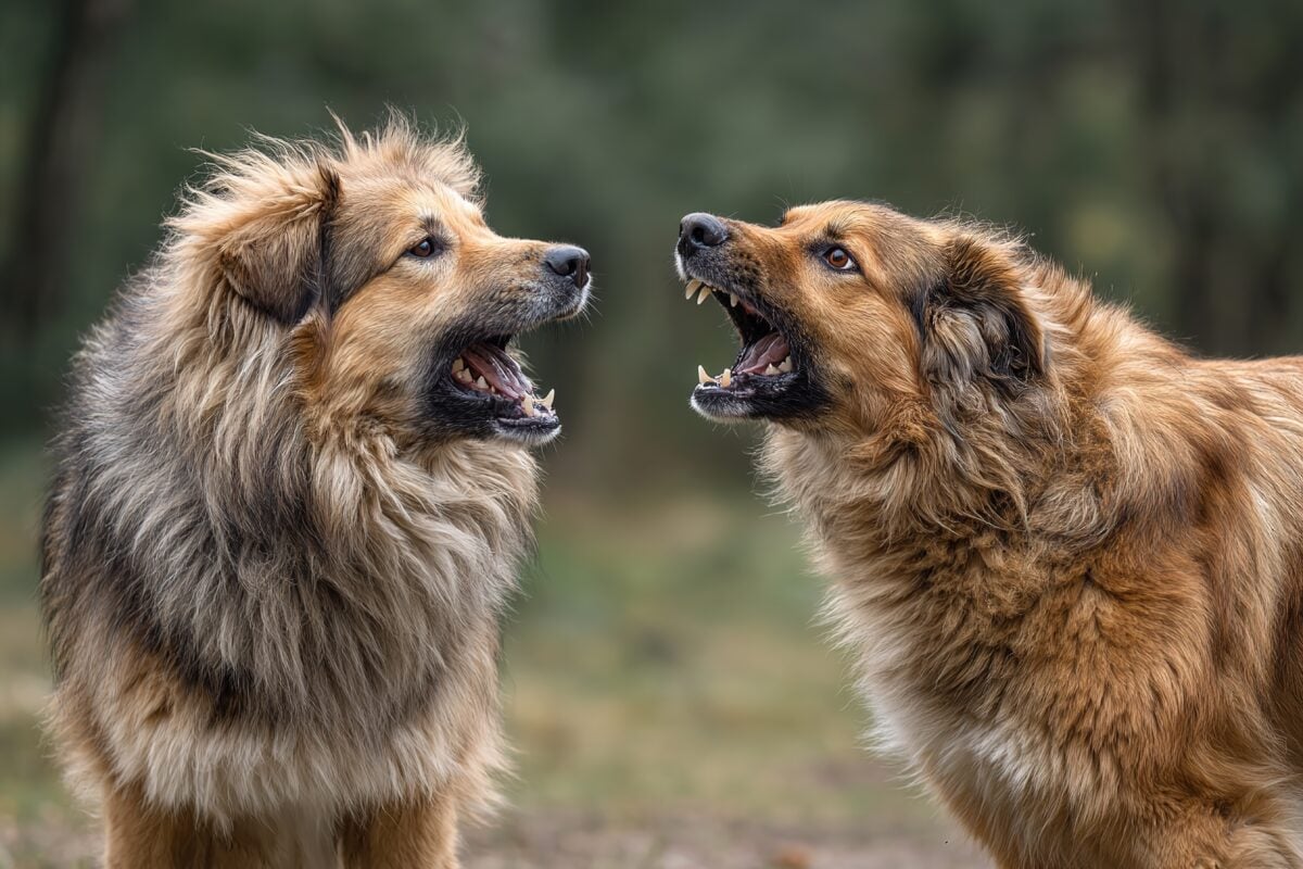 Two dogs barking at each other in a field, close up.