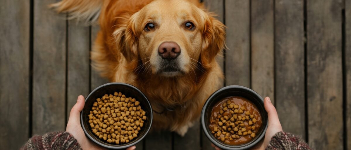 A golden retriever eagerly awaits food as a person holds two bowls of kibble and wet food on a wooden deck