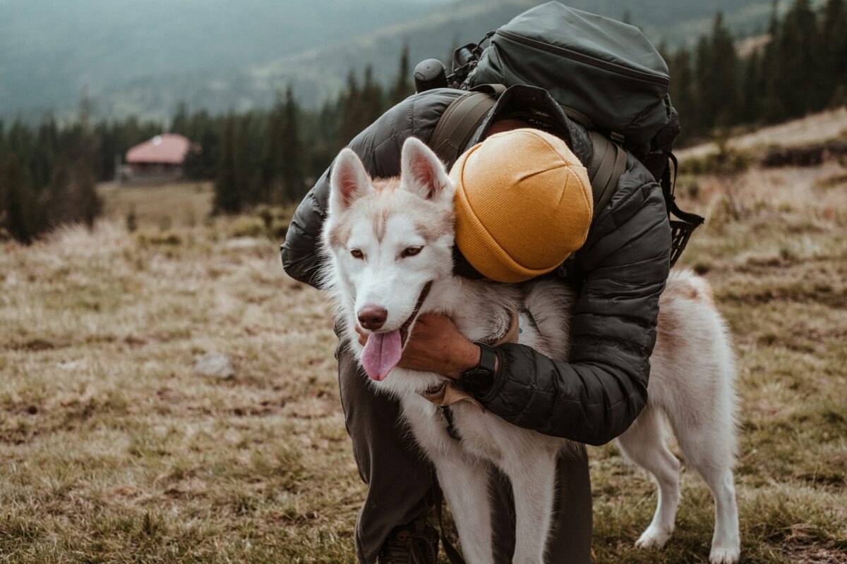 Male owner hugging dog.