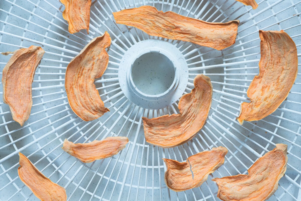 Healthy, dehydrated sweet potato dog chews or treats.