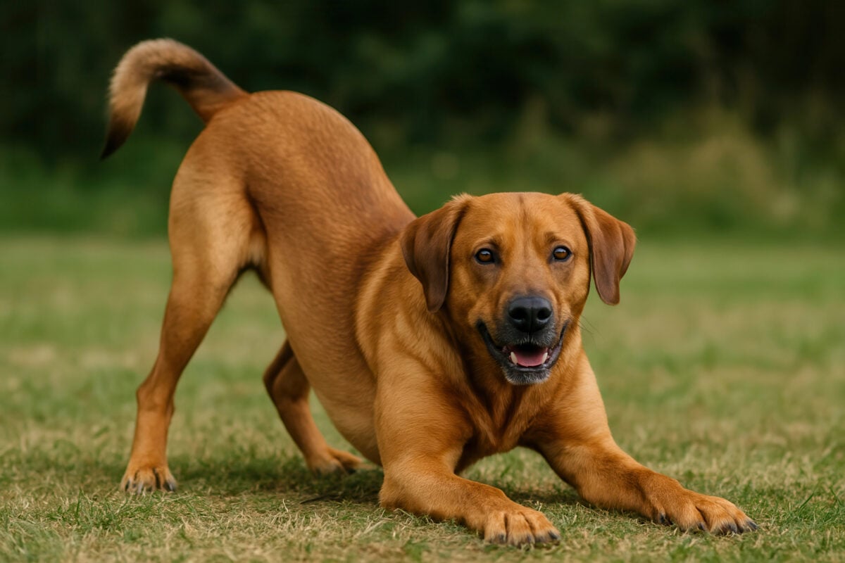 Fox red Labrador Retriever bowing on grass with a playful expression, inviting to play in a park or garden.
