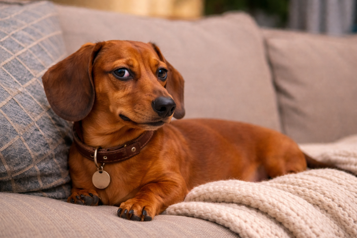 A Dachshund lying on a couch giving the camera the side-eye.
