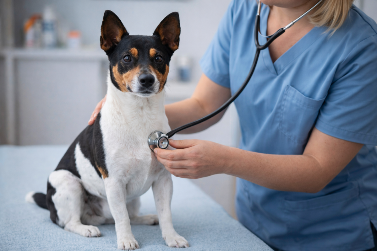 A vet listening to a Teddy Roosevelt Terrier's heart.