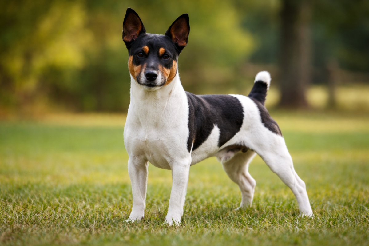A Teddy Roosevelt Terrier standing in a field looking at the camera.