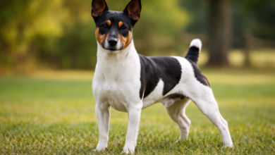 A Teddy Roosevelt Terrier standing in a field looking at the camera.