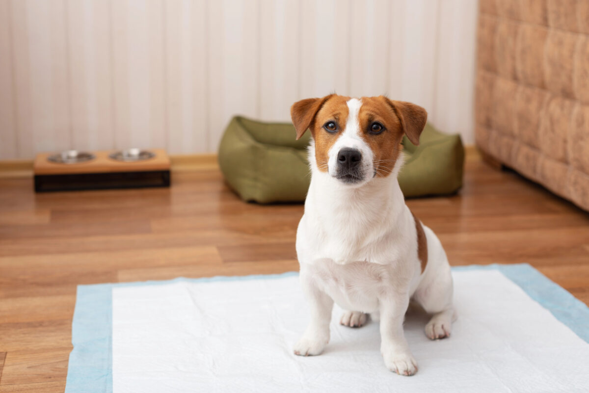 Cute Jack Russell Terrier dog sitting on a hygienic daily diaper for pets at home. The concept of toilet or potty training pets.