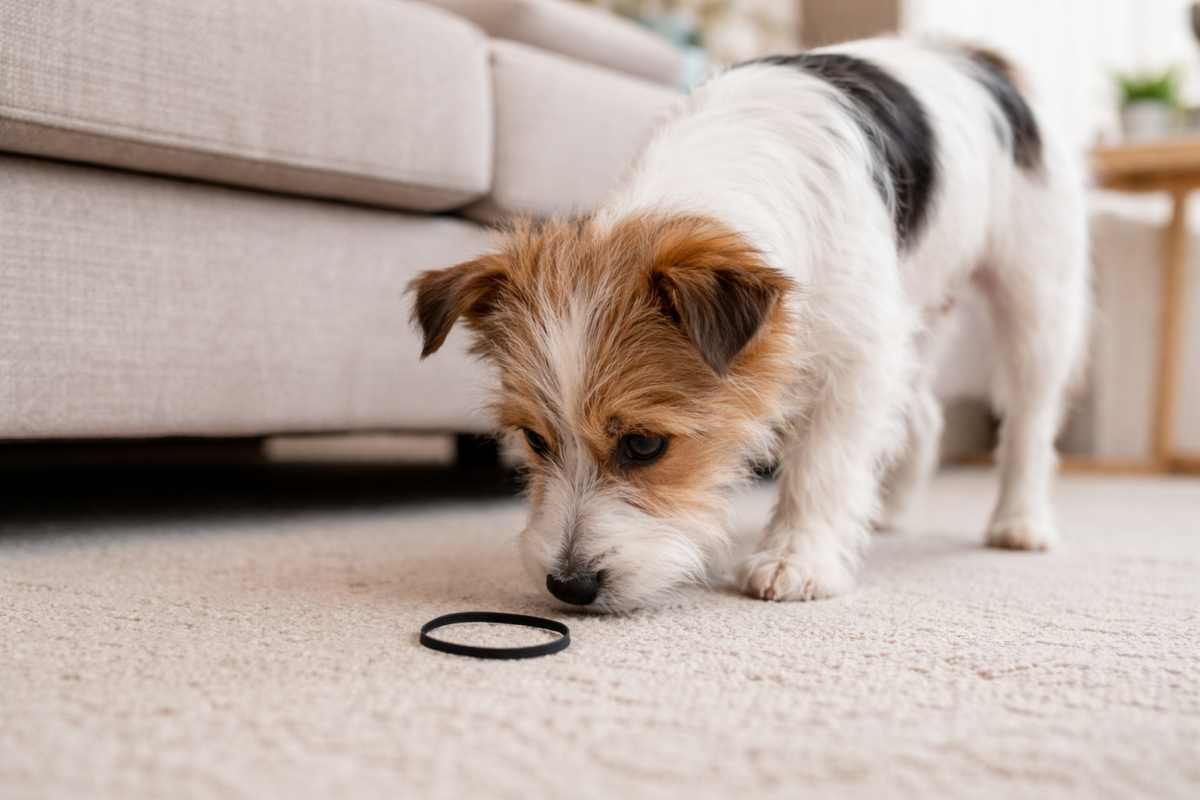 A small terrier sniffing a hair tie someone dropped on the floor.