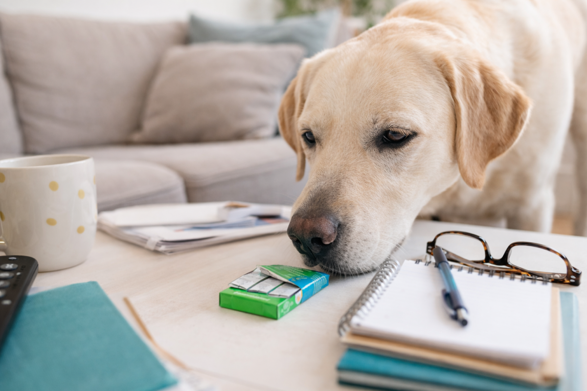 A yellow Labrador Retriever looking at a pack of chewing gum left on a coffee table.