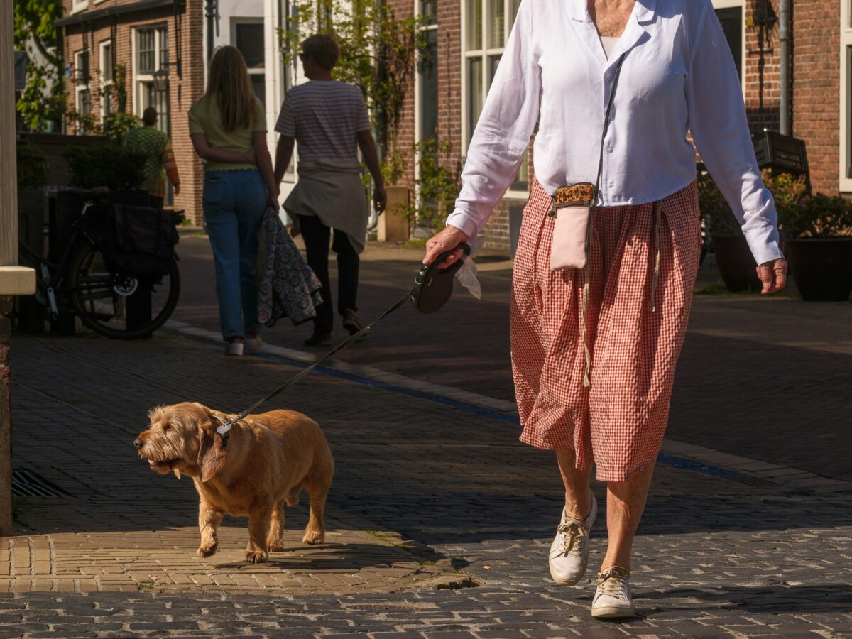 Woman walking dog on street.
