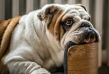 An English bulldog resting his head on the armrest of a wooden dog sofa.
