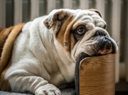 An English bulldog resting his head on the armrest of a wooden dog sofa.
