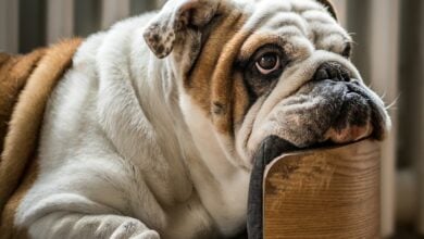 An English bulldog resting his head on the armrest of a wooden dog sofa.