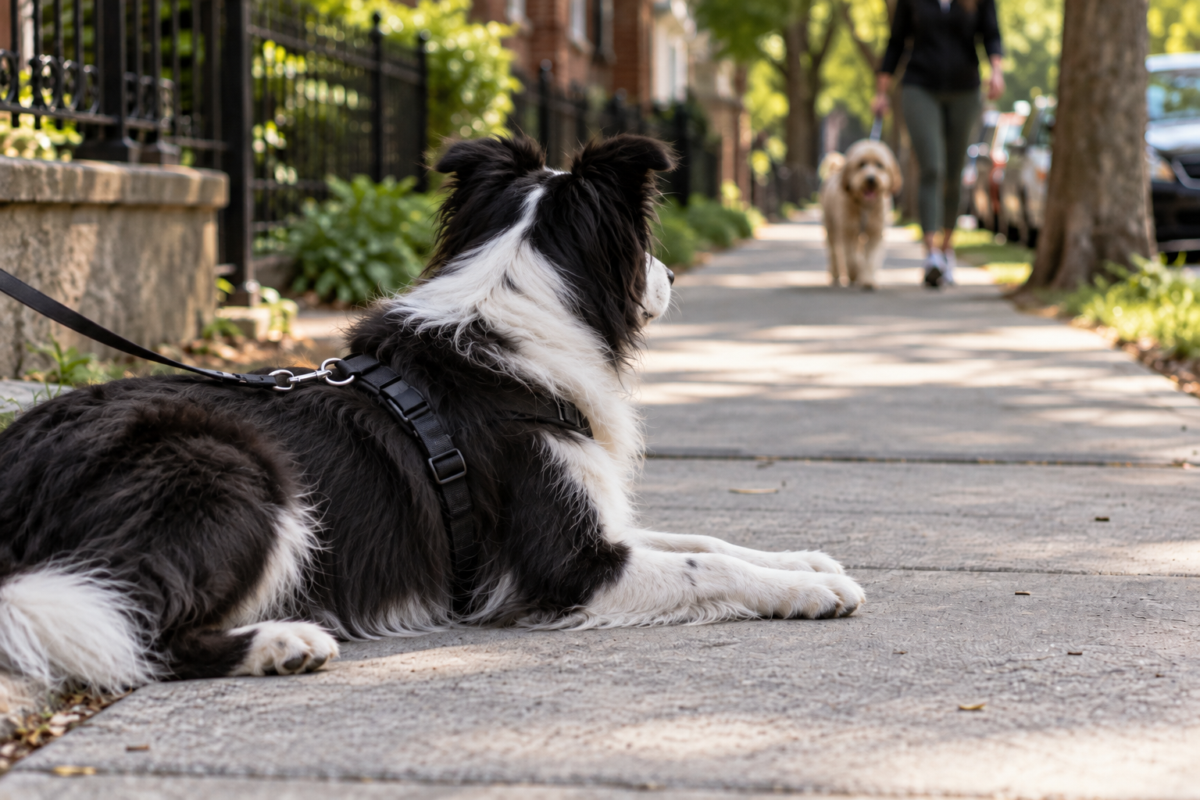 alert border collie on a sunlit sidewalk