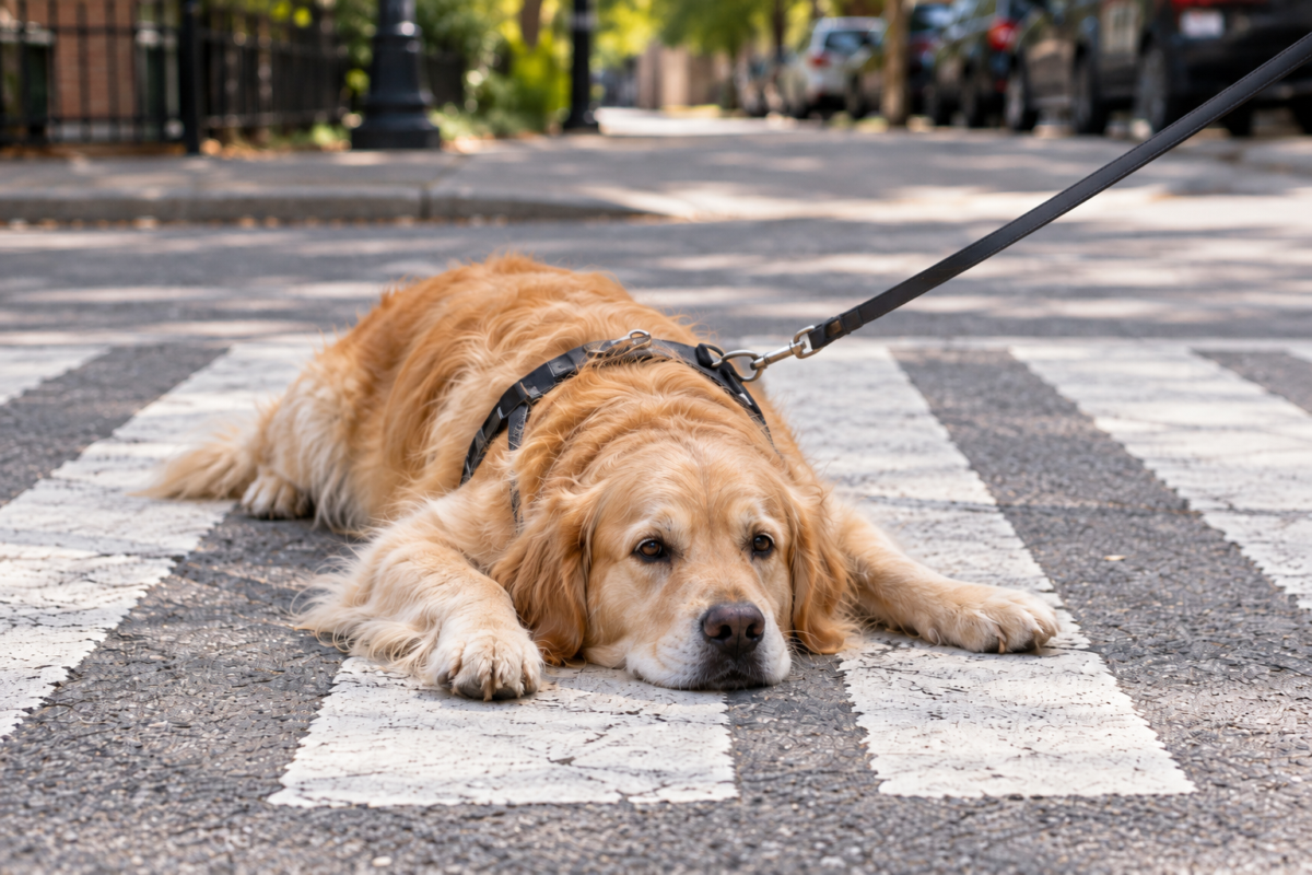 Stubborn golden retriever on crosswalk.